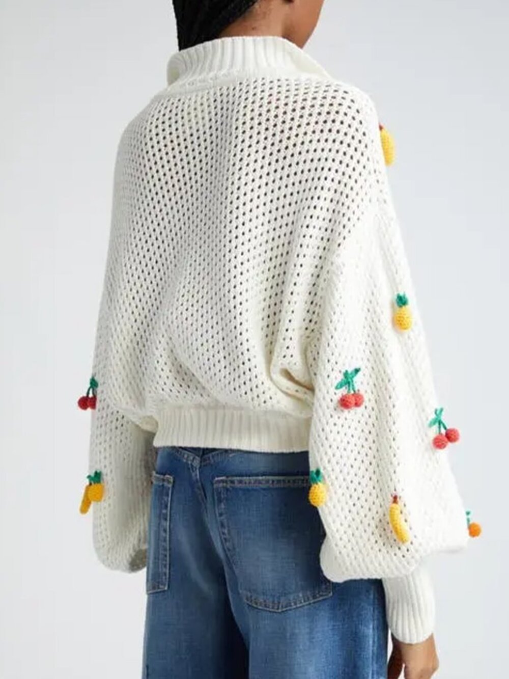 FARM Rio Open Stitch Crochet Fruit Cotton Sweater White - XS - Picture 3 of 10